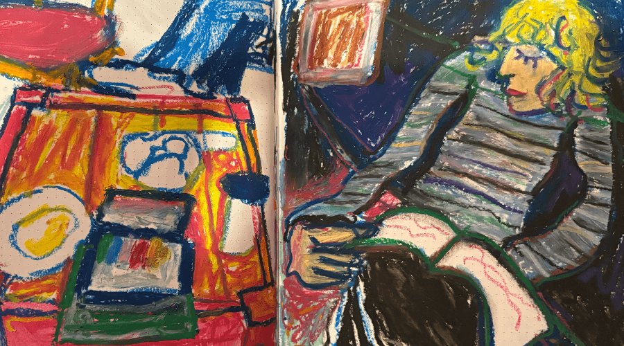 Elise LeSage Writer illustration: an abstract blonde figure holds open a notebook. Brightly colored pastel art. 