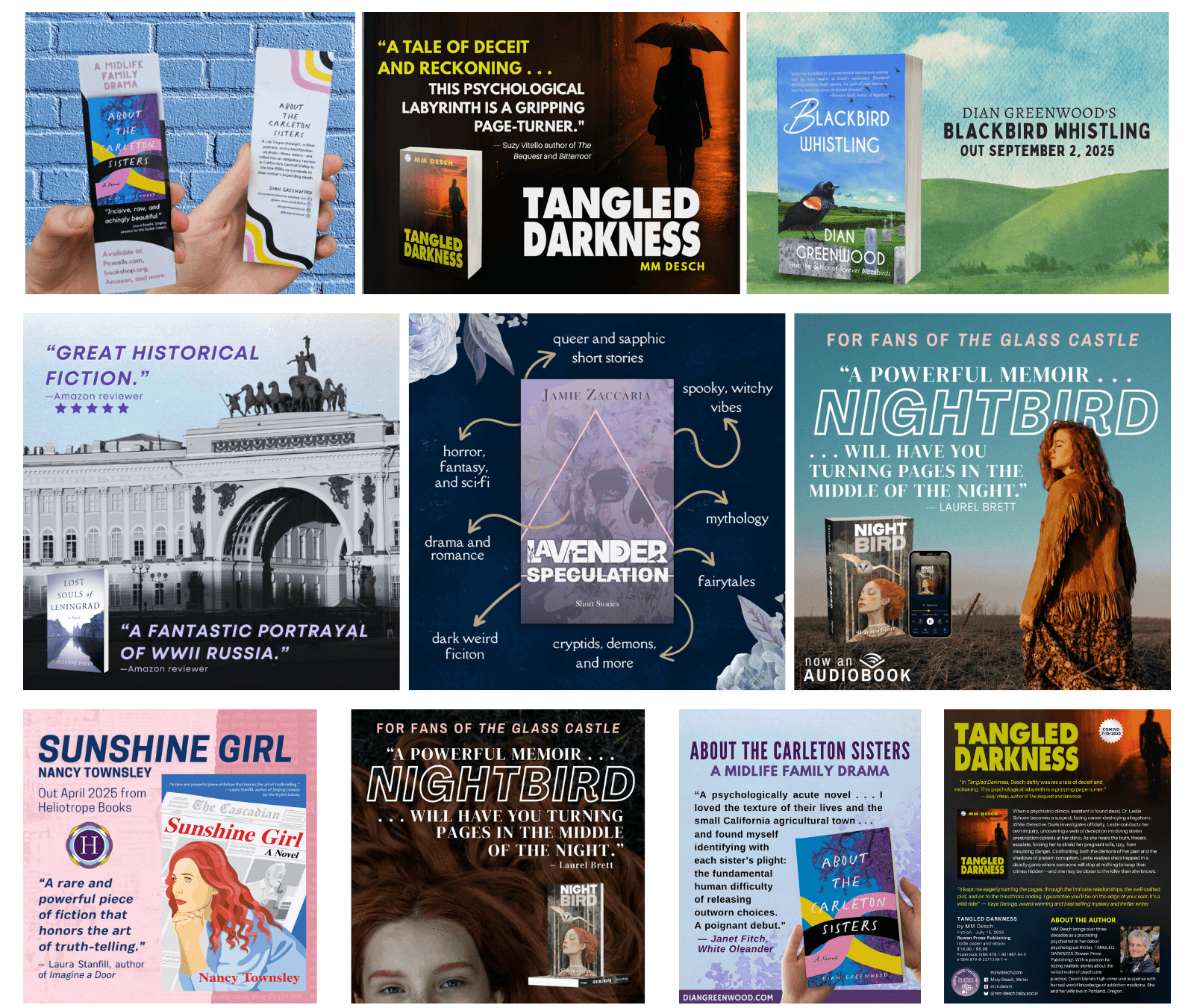 A portfolio of Elise LeSage's book marketing work including social media posts, digital book ads, custom bookmarks, and author one-pagers